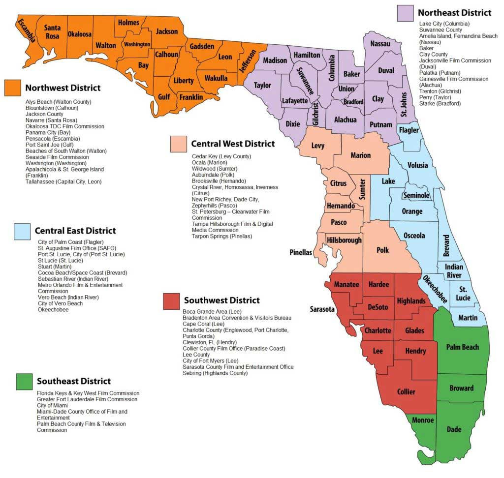 map of Florida by regional district, composed of groups of nearby counties